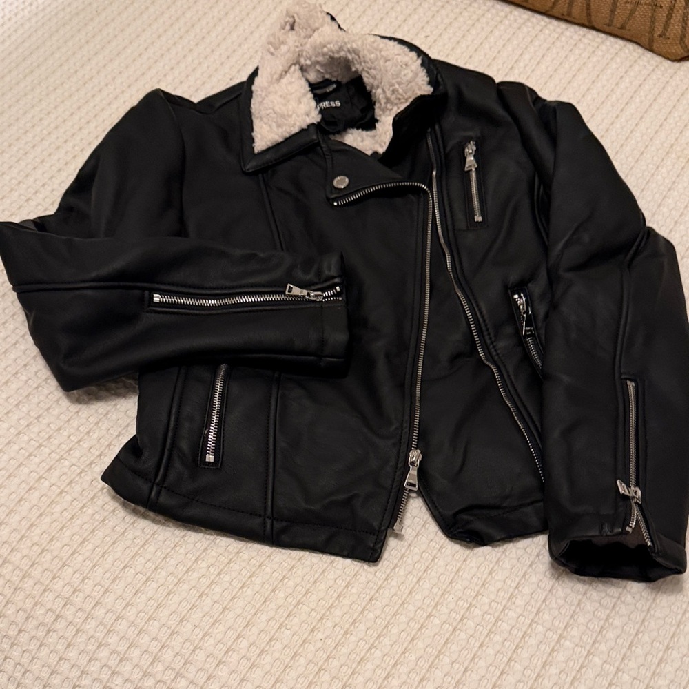 Express Black Faux Leather Jacket with Shearling Lining